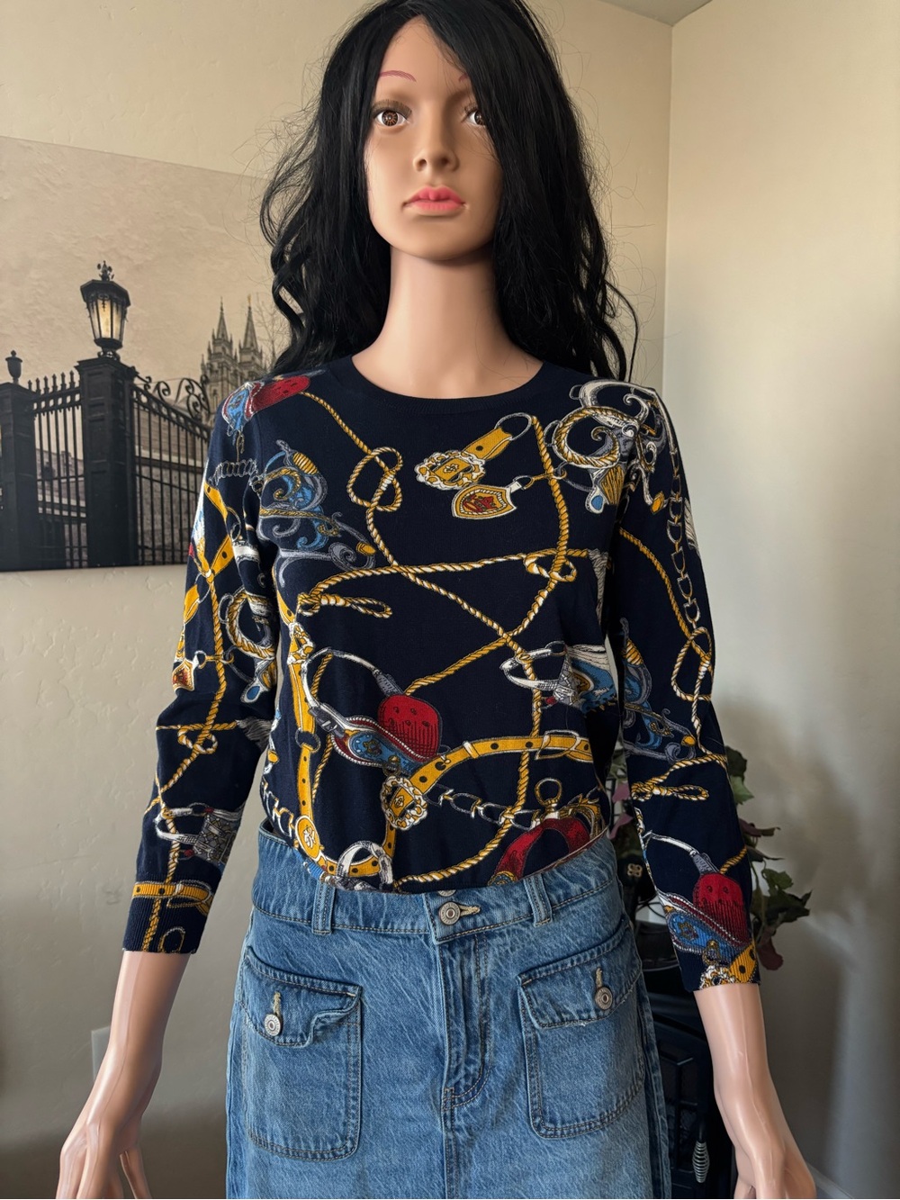 Navy Chain & Heart Print Long Sleeve Top